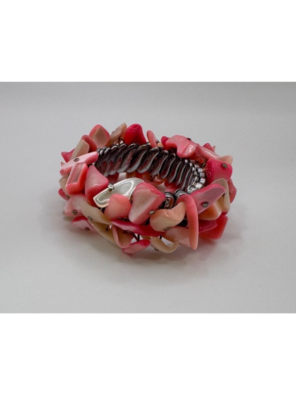 Vintage Japan Pink White Shell Cha Cha Watch Band Bracelet Stretch Adjustable